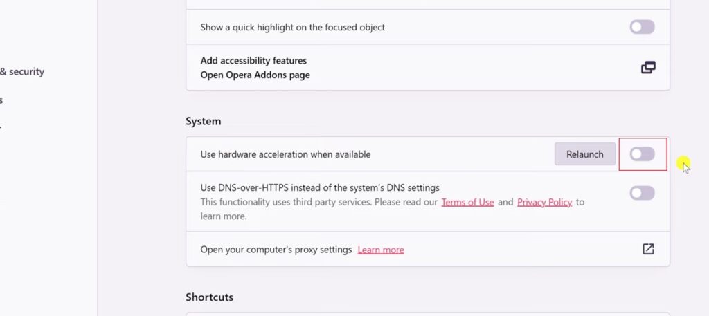 How to turn off hardware acceleration in Opera GX